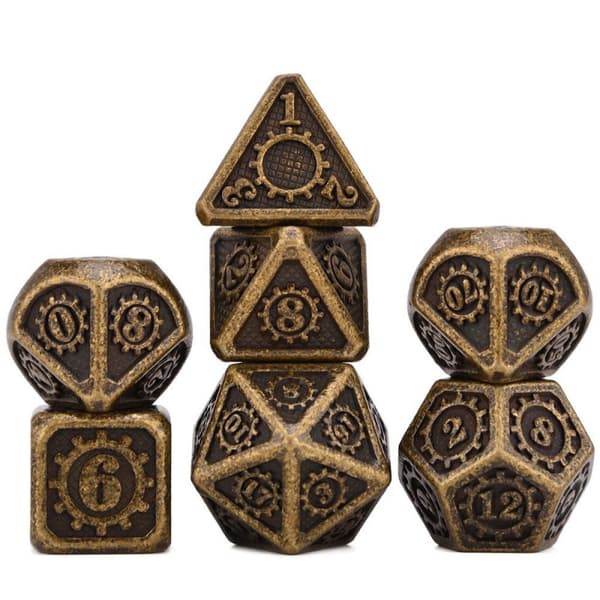 Steampunk RPG terningsæt med 7 metalterninger