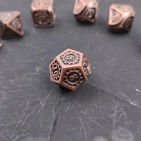 Steampunk RPG terningsæt med 7 metalterninger