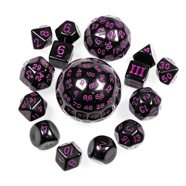 RPG terninger sort og lilla sæt med 15 terninger