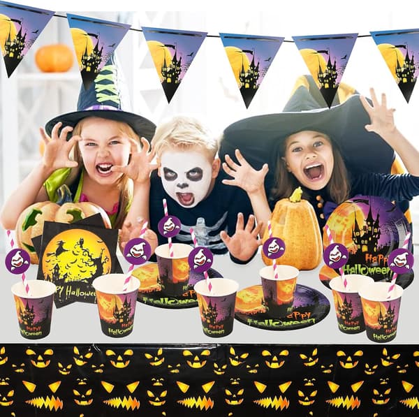HALLOWEEN FESTSERVICE TALLERKENER KOPPER SUGERØR DUG 52 stk.