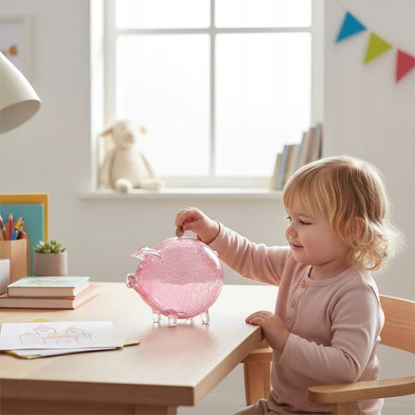 Lyserød sparegris, bulende, stor, glas, revnet, bryllupsgave