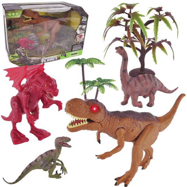 Dinosaurussetti, jossa on 4 hahmoa, 2 puuta, ääni- ja valotehosteet