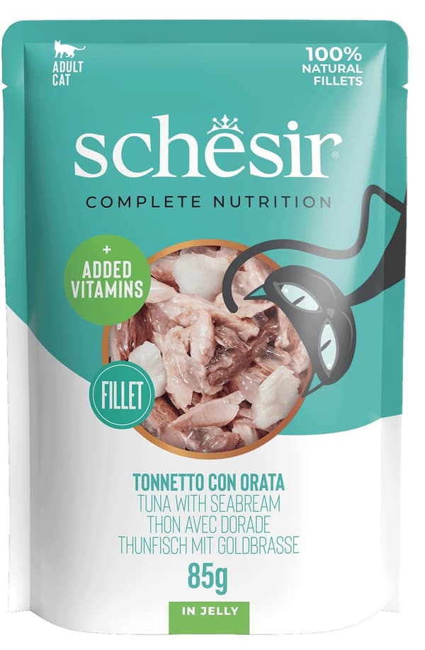 Schesir | Filetfoder til katte | 85 g pose - Tun med havbrasen i gelé 85 g