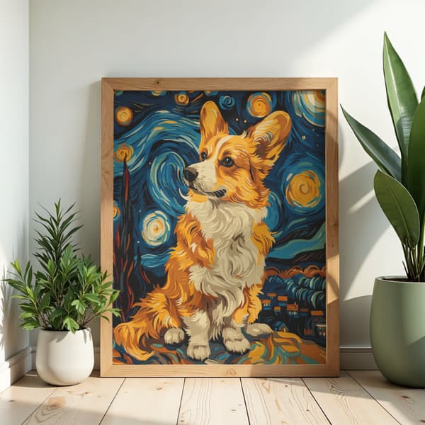 Mal efter nummer billede med ramme Corgi under stjernerne 50x70 cm