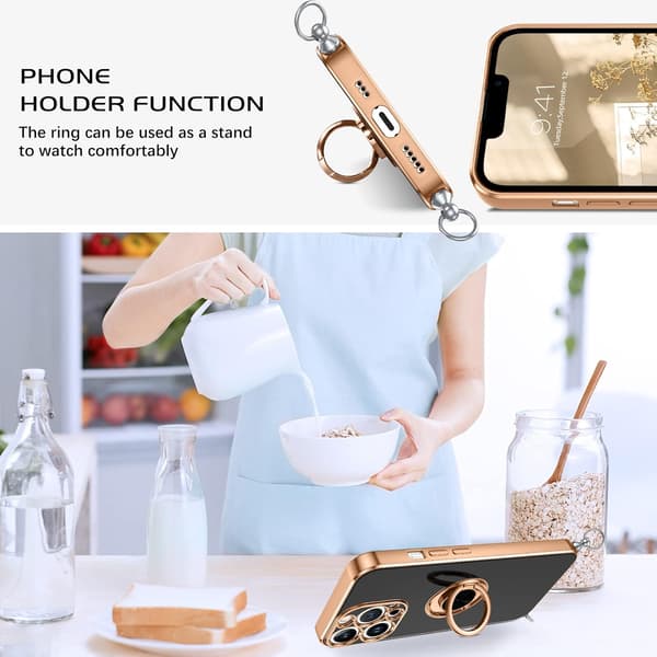 ETUI TIL APPLE IPHONE 13 PRO SILIKONE SORT GULD RAMME + RING OG LANYARD