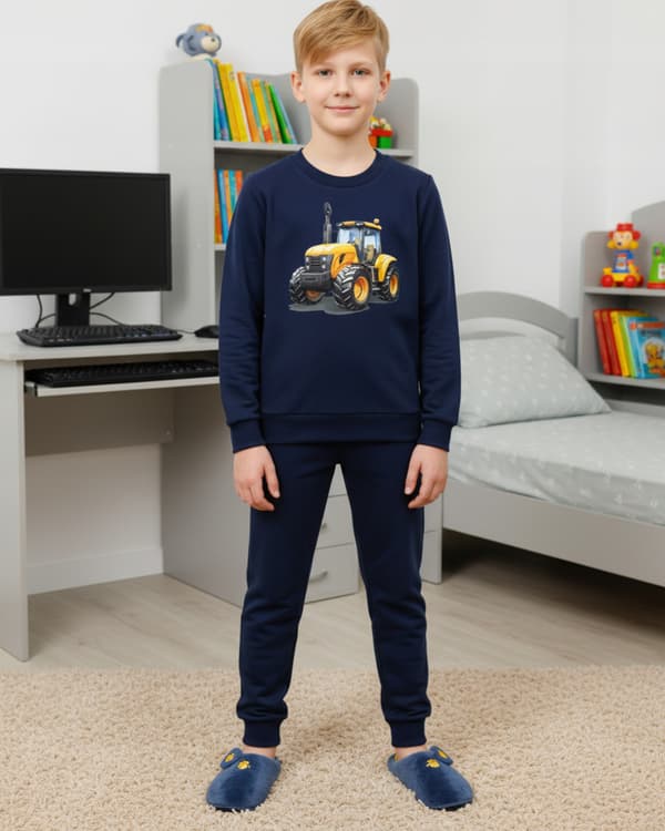 BARNPYJAMAS 146 för POJKAR 100% bomull TRAKTOR-tryck marinblå