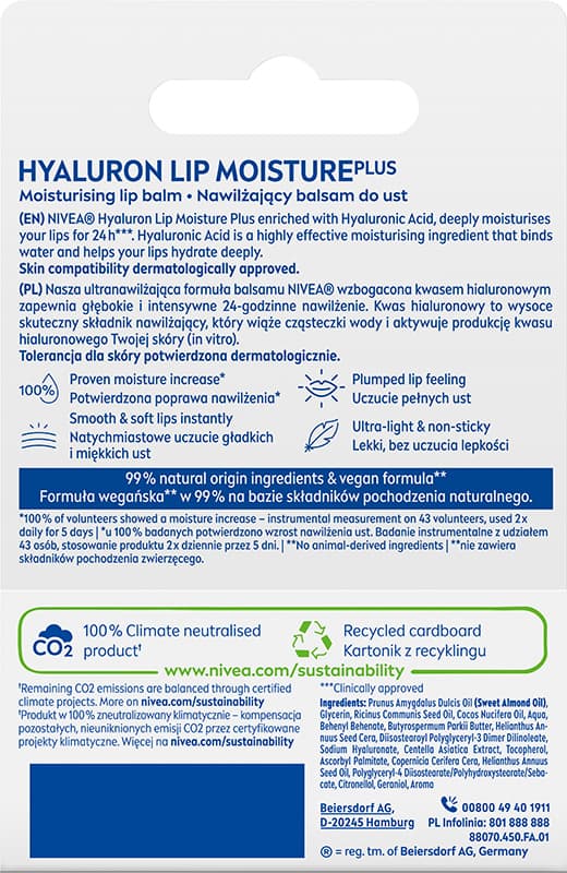 NIVEA Hyaluron Moisture Plus huulivoide Läpinäkyvä 5,2 g