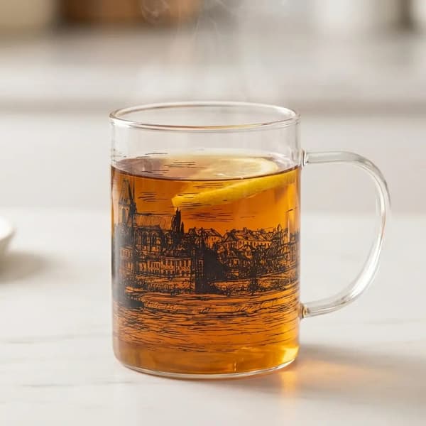 Glasmugg ToruŃ stad 400 ml transparent med svart tryck
