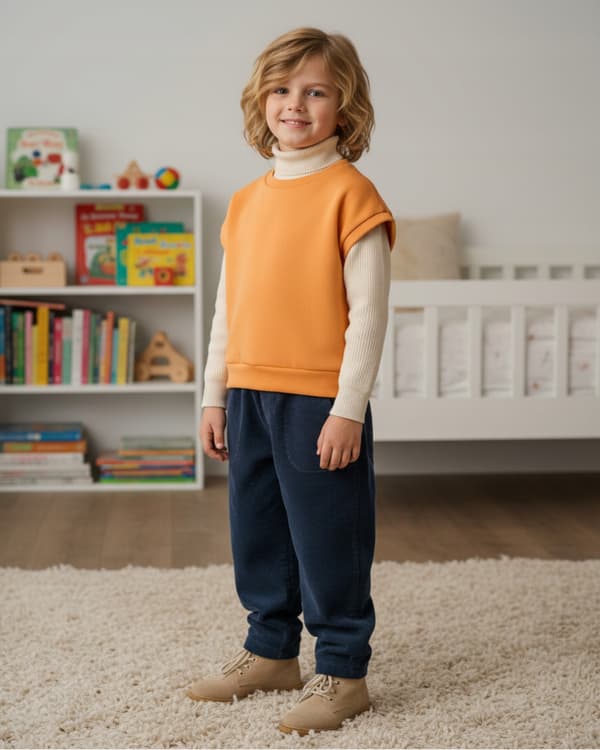 Børneponcho 134 vest kappevarmer bomuld fluffy abrikos