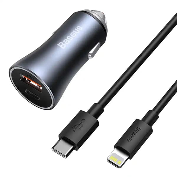 Baseus Golden Contactor Pro biloplader, USB + USB-C, QC4.0+, PD, SCP, 40W (grå) + USB-C til iPhone-kabel 1m (sort)