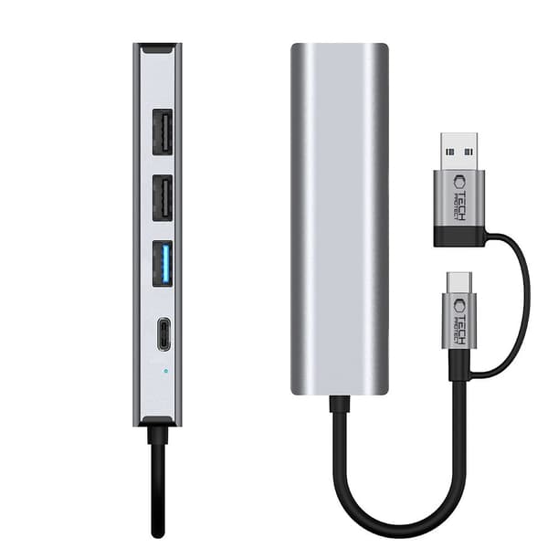 TECH-PROTECT HB03 HUBADAPTER 5-I-1 TYP-C + USB 2.0 + USB 3.0 + RJ45 RYMDRÅ