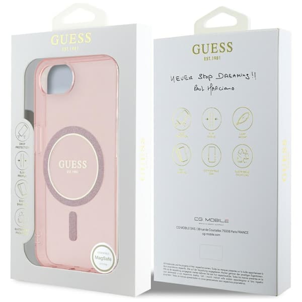 Guess IML Glitter Circle MagSafe -kotelo iPhone 16e:lle, pinkki