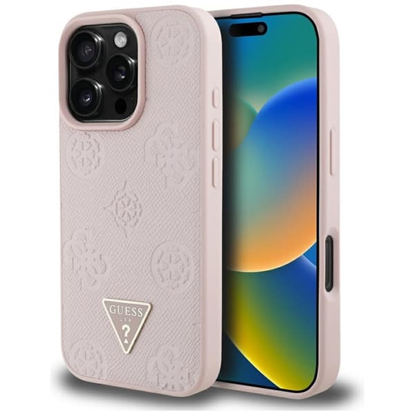 Guess Grained Hot Stamp Peony Triangle Logo MagSafe-cover til iPhone 16 Pro (lyserød)