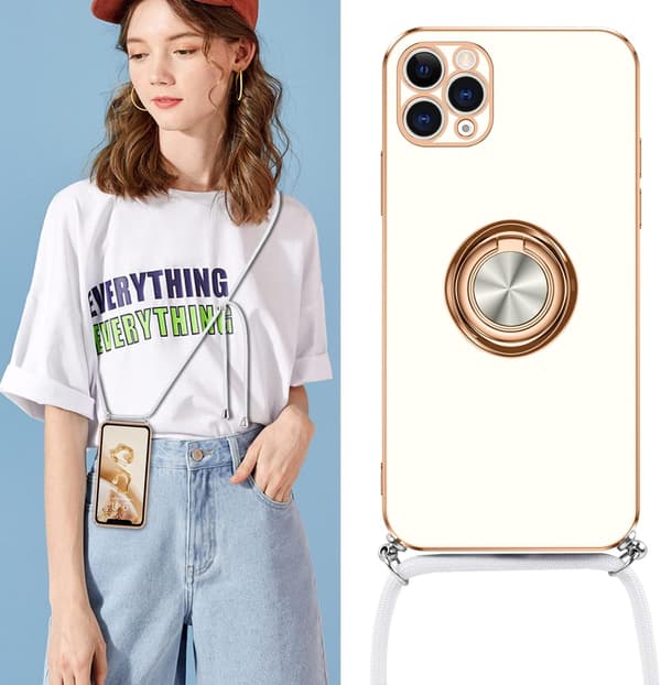 ETUI TIL APPLE IPHONE 11 PRO MAX HVIDGULD SILIKONE + RING LANYARD A2161