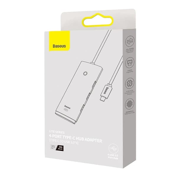 Baseus Lite Series 4-i-1 Hub USB-C til 4x USB 3.0 + USB-C, 25cm (sort)