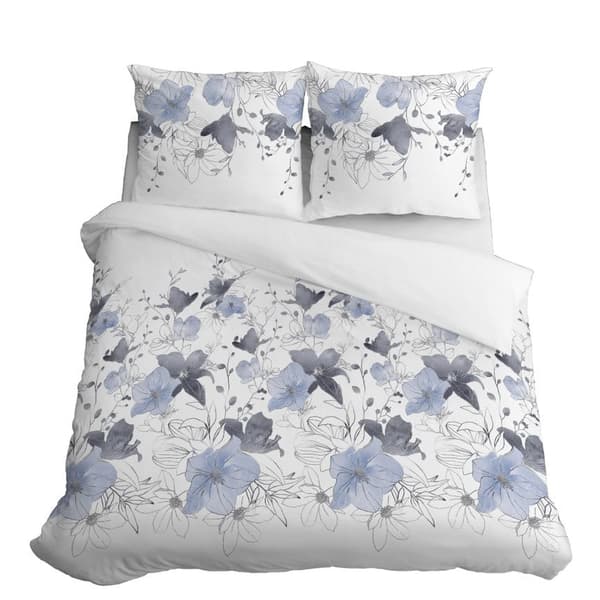Satin Sengetøj 220x200 Blomster Blå Lys Satin