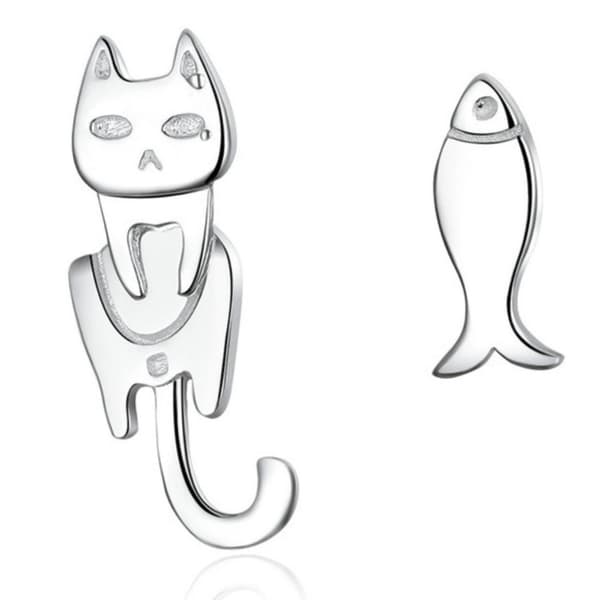 Silverörhängen med katt och fisk, 925 silver
