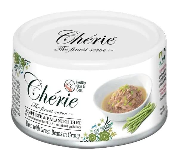 Cherie | Dampet kattefoder til voksne katte | 80 g dåse - Tun med grønne bønner 80 g