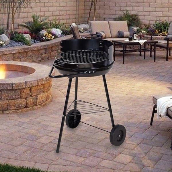 Halvåben havegrill, sort, 37 cm rist, mobil stålkulgrill