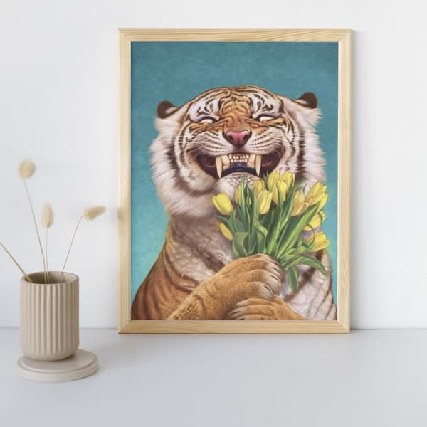MALING EFTER TAL MED RAMME Malerier til maleri Tiger med blomster 40x50 cm