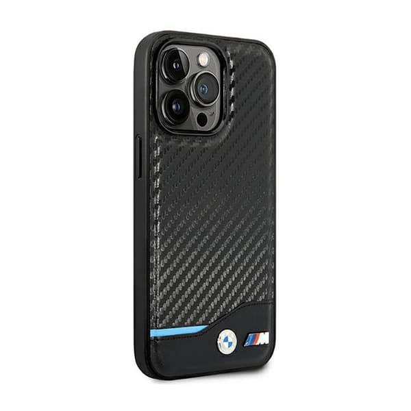 BMW Læder Carbon Blue Line - iPhone 14 Pro Etui (Sort)