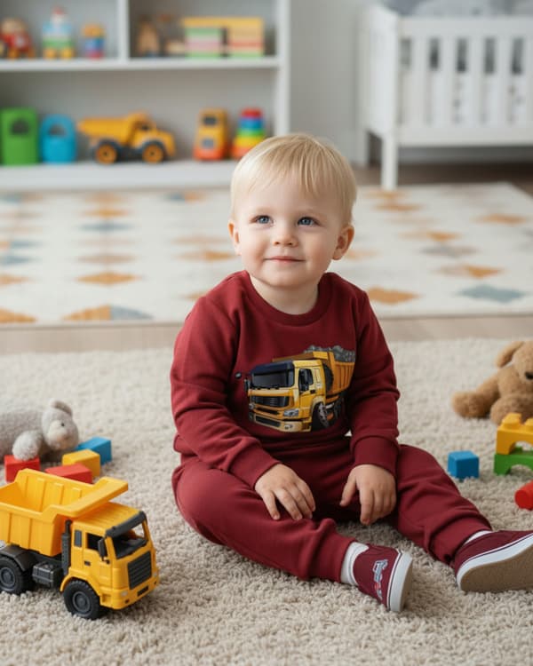 BARNPYJAMAS 104 för POJKAR 100% bomull TIPPER-tryck vinröd