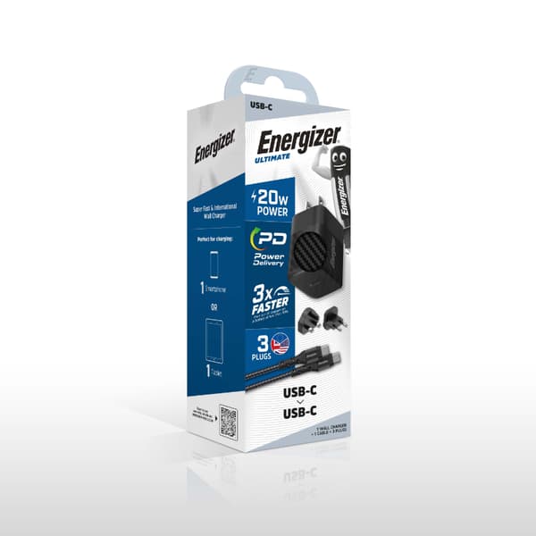 Energizer Ultimate - Multistik EU/UK/US GaN USB-C 20W PD Rejsevægoplader + USB-C Kabel (Sort)