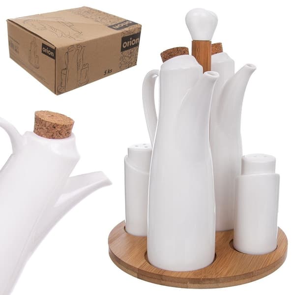 Saltkar, pepparkar, flaskor för olja och vinäger i porslin med stånd WHITELINE 5 stycken