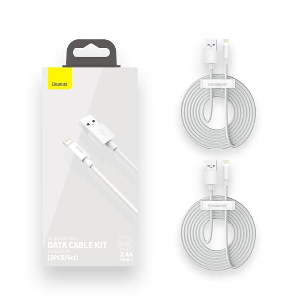 Baseus Simple Wisdom USB til Lightning-kabel, 2.4A, 1.5m (hvid) 2 stk.
