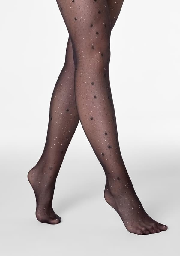 Transparente strømpebukser med glitter og stjernemotiv - Allure F04 1/2 SORT