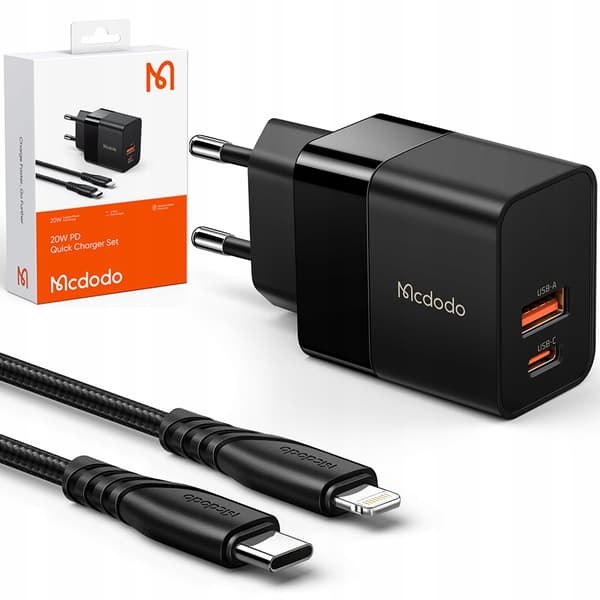 MCDODO SNABB VÄGGLADDARE FÖR IPHONE TYP C 2X USB USB-C PD 20W KABEL