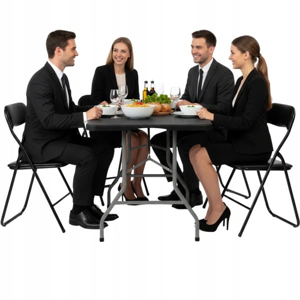 Sæt foldbart cateringbord 180x74 x1 + klapstole x4 til gæster