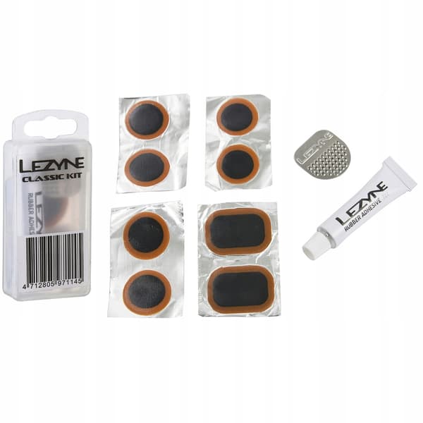 Lezyne Classic Kit Box däcklappningskit med 8 lappar och rivjärn