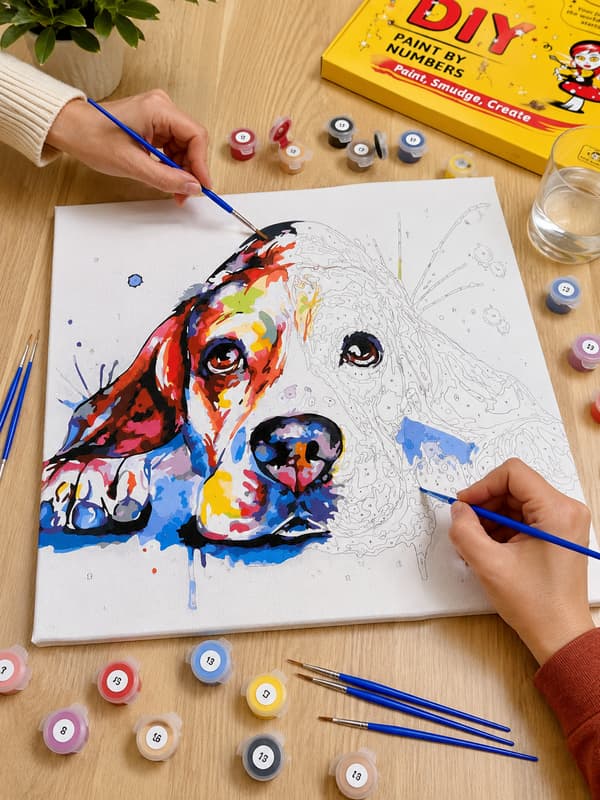 Maleri efter tal med ramme Billeder til maleri - Farverig hund 50x40 cm