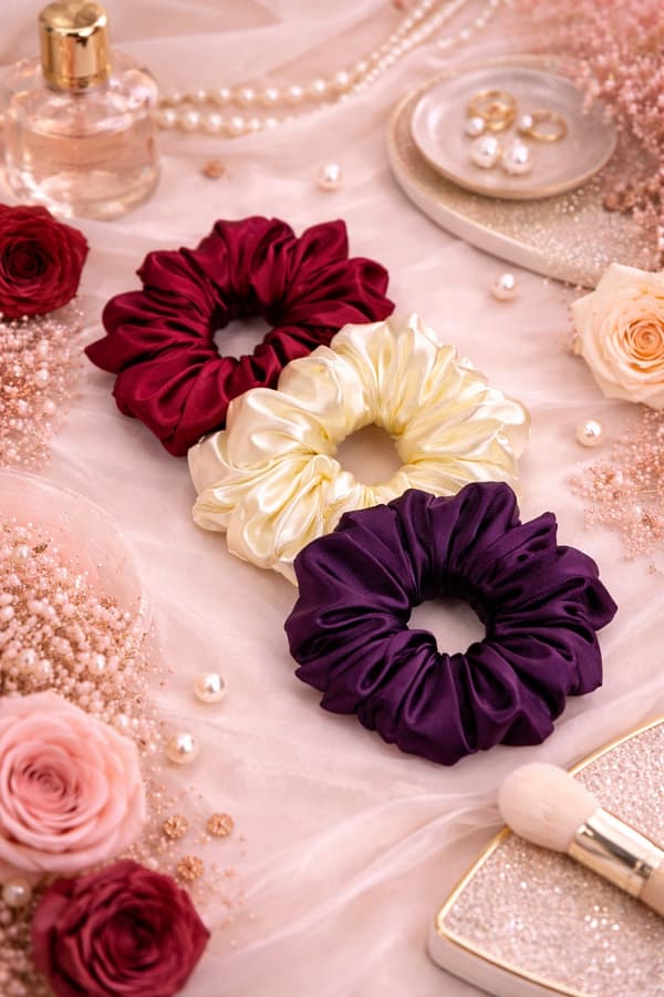 Set med 3 hårbandsilkeband, 10 cm, vinrött, ecru, violett