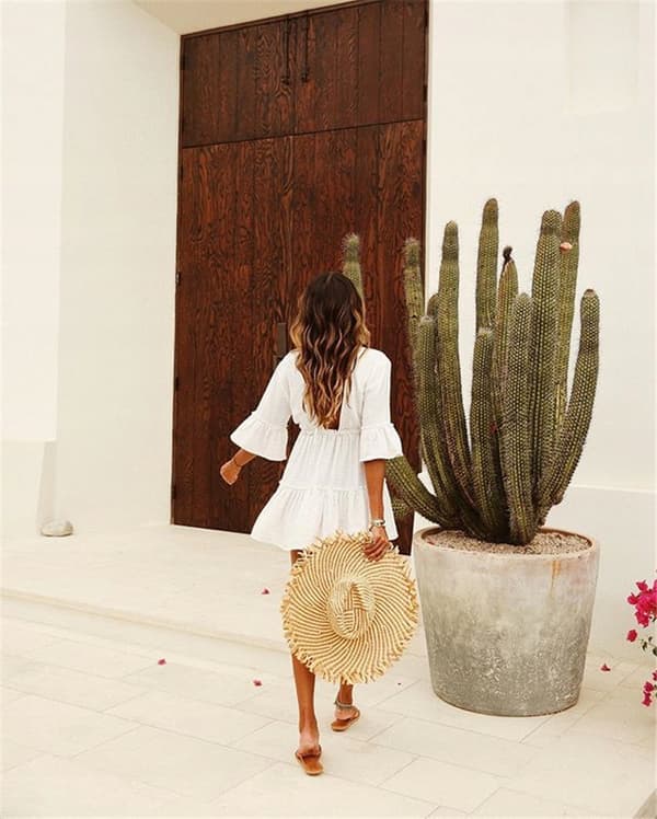 Klänning för sommar luftig mini pareo vit 3/4 ärmar strand boho ruffel