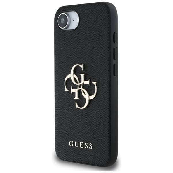 Guess Grained Big 4G Logo Small Classic Logo -suojakuori iPhone 16e:lle, musta