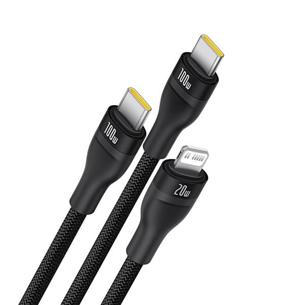 Kabel 3w1 Baseus Flash Series 3 100W USB-C - USB-C+USB-C+Lightning 1,5m + 3 x 0,25 m - sort