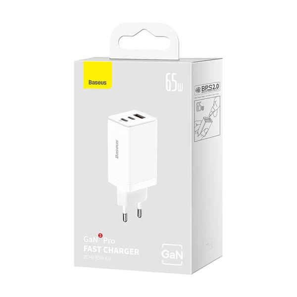 Baseus GaN5 Pro 2xUSB-C + USB-väggladdare, 65W (vit)