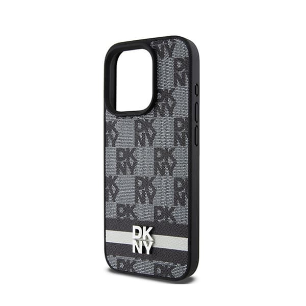 DKNY Læder Ternet Mono Mønster & Trykte Striber - iPhone 15 Pro Max Etui (Sort)