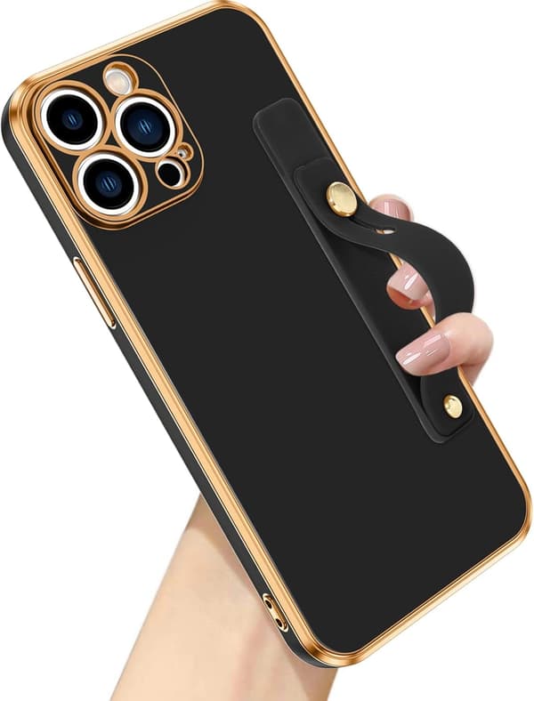 Apple iPhone 13 Pro Max -kotelo, silikoni, musta ja kultainen pidike