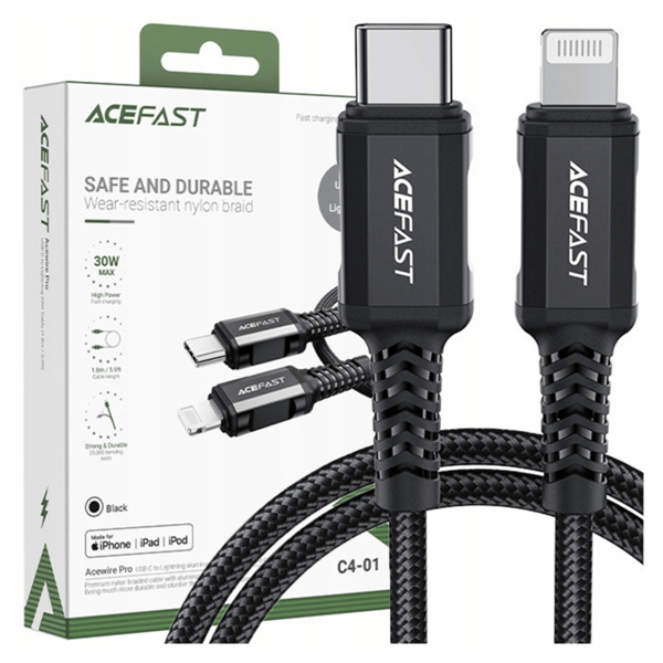 Acefast C4-01 Lightning - USB-C PD -kaapeli 30W 3A 480Mb/s 1,8m - musta