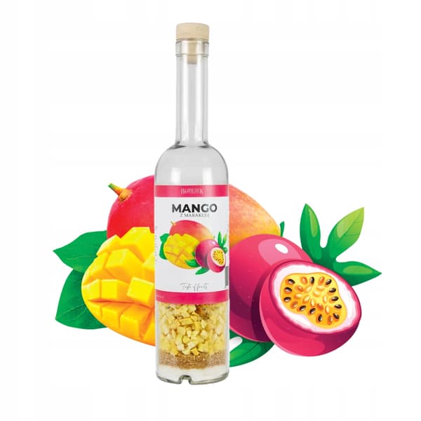 500 ml:n pullo hedelmillä OMA MANGO- JA PASSIONHEDELMÄLIKÖÖRI - Tee-se-itse