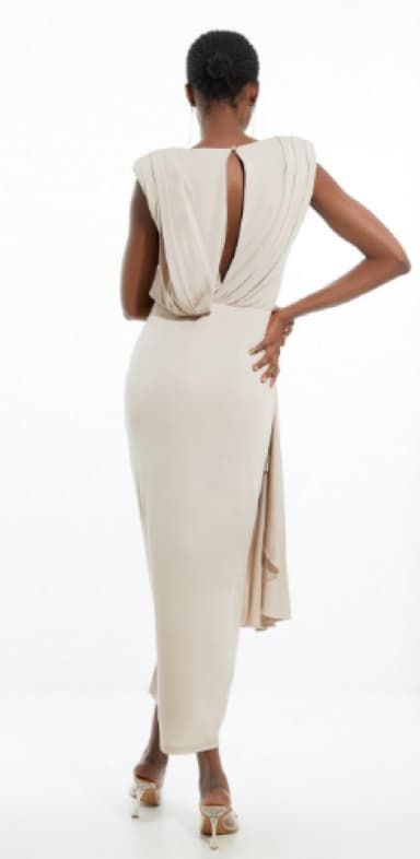 KAREN MILLEN BEIGE V-RINGAD RAK MIDIKLÄNNING FÖR SMALL PASINS S B1C