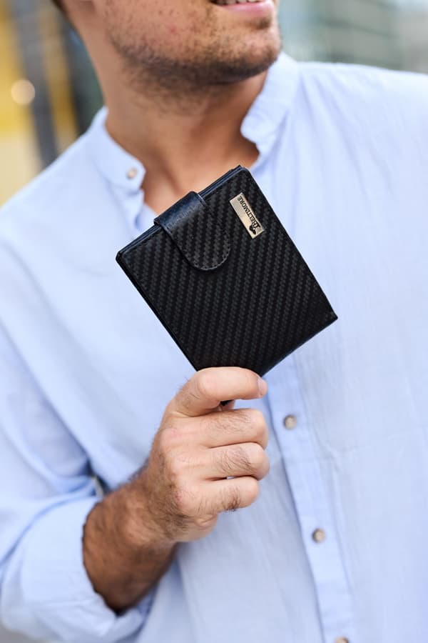 Herr klassisk läderplånbok RFiD stor svart kolfiber premium Beltimore
