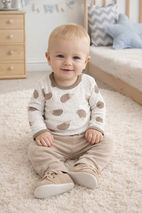 Body barn 92 långärmad 100% bomull igelkottar beige