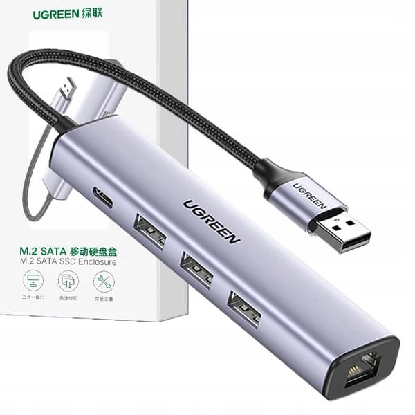 UGREEN 5in1 USB-A - 3x USB 3.0 + RJ45 + USB-C -sovitin CM475 (harmaa)