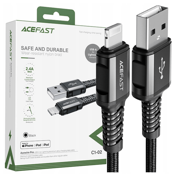 Acefast MFI USB - Lightning-kabel 1,2m, 2,4A sort (C1-02 sort)