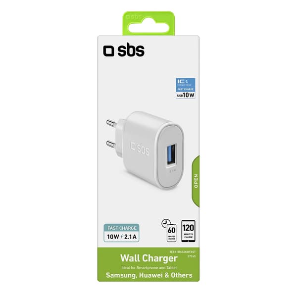 SBS TETR1USB2AWFAST 10W USB-A Väggladdare - Vit