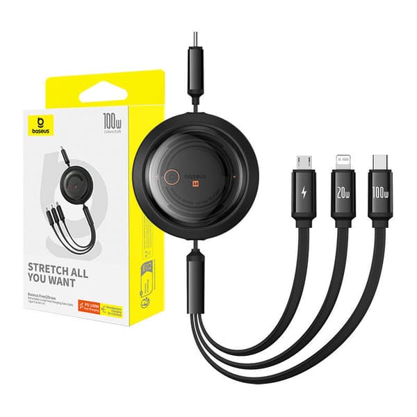 Baseus Free2Draw 3-i-1 USB-C-kabel USB-C/Lightning/Micro 100W, 1,1m (Sort)